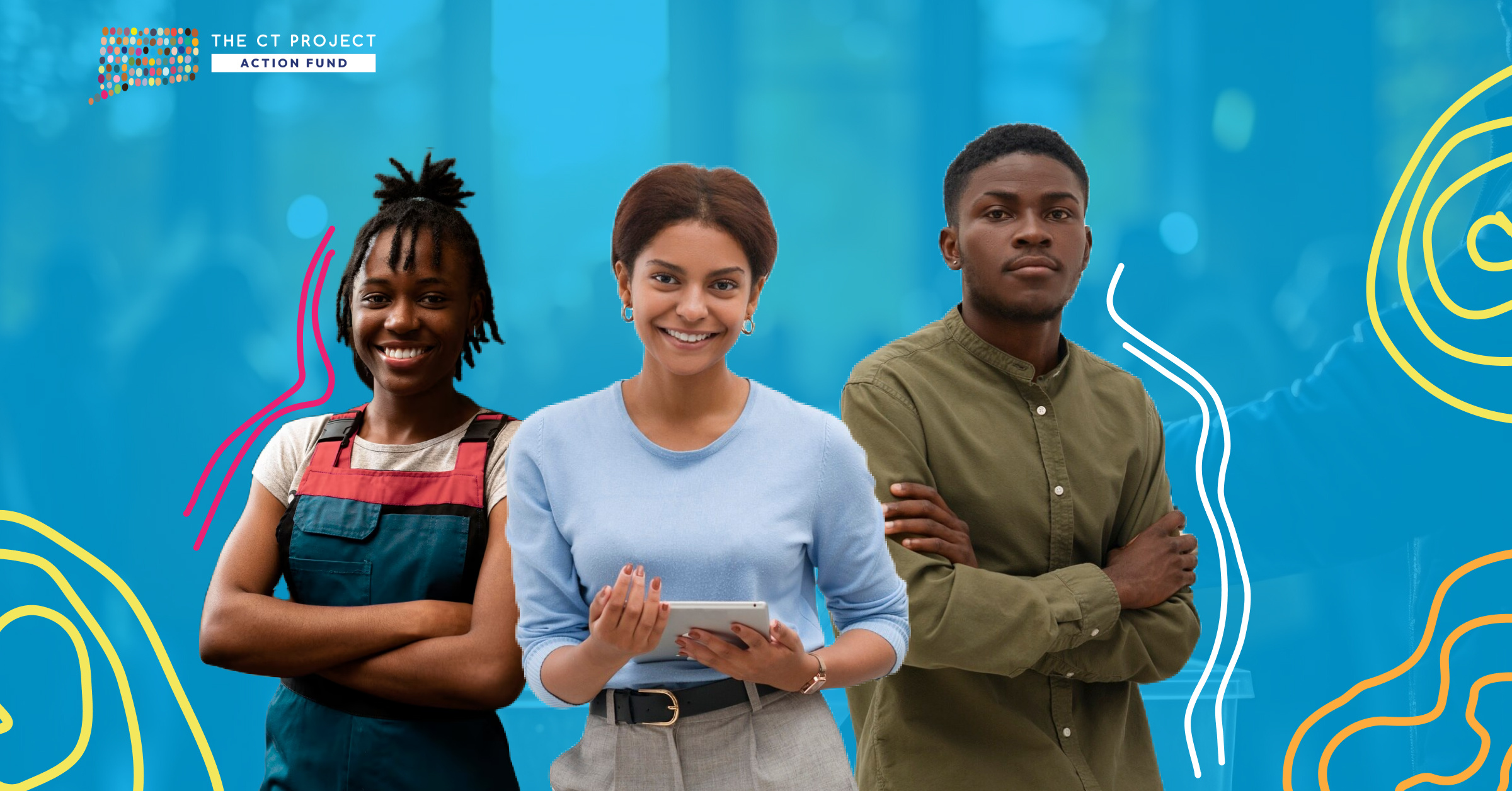 Three people stand w/arms crossed in front of them. Two are smiling, one looks serious. 